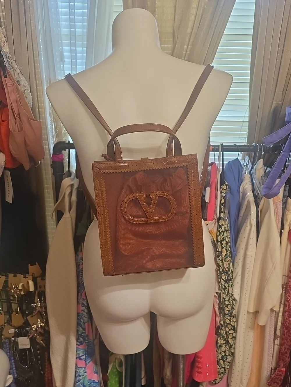 Valentino Garavani Brown Leather & Mesh Top Handle Backpack - Picture 2 of 16